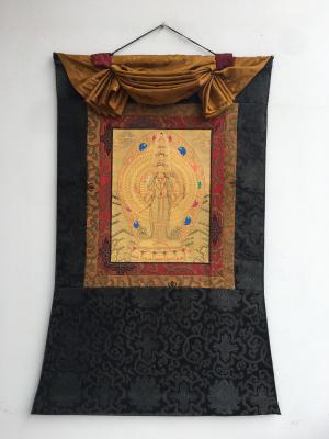 Avalokiteshavara Thangka Painting with Traditional Silk Brocade|1000 Armed Bodhisattva